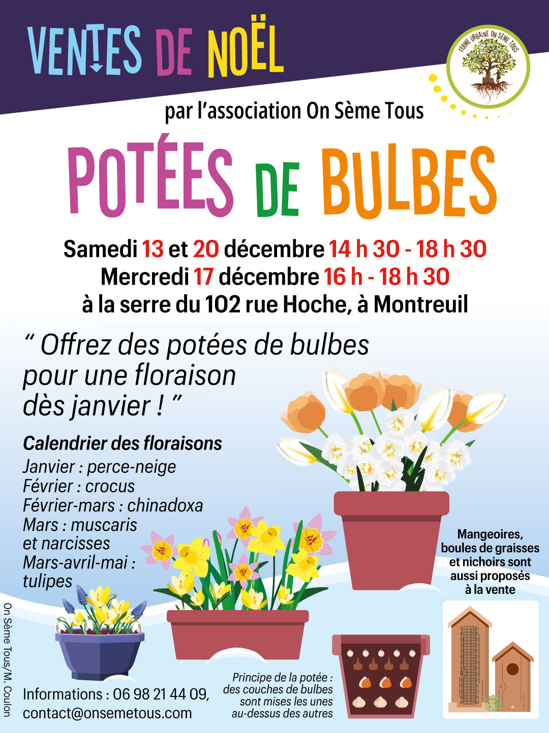 OST-WEB-affiche-bulbes20251202 Affiche avec nos offres ed Noël : potées, jardinières et coupes de bulbes, mangeoires, boules de graisse et nid pour les oiseaux.